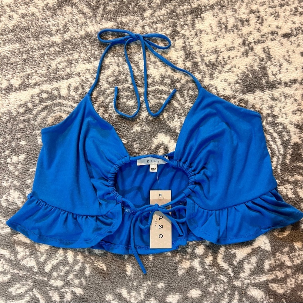 Gaze DTLA Blue Tie Front Halter Crop Top